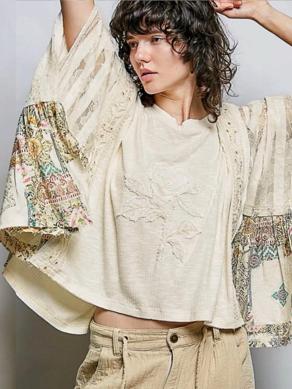 Pol Boho-Style Poncho Crop Top Shirt Polo Floral Embroidery Oversized Size S M L